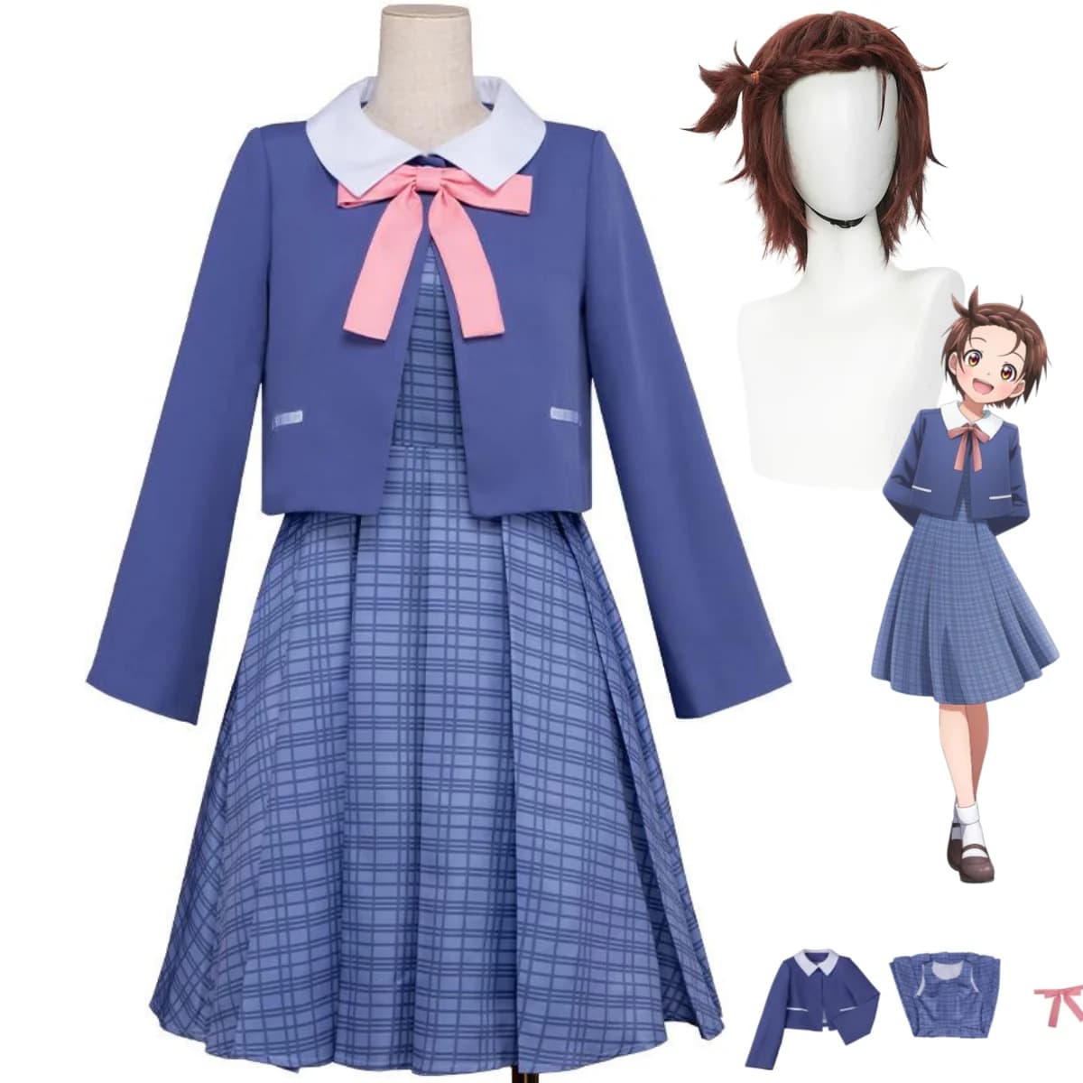 Costume Cosplay Anime Yuitsuka Inori Medalist, Cappotto Stile Britannico, Abito a Quadri, Uniforme JK, Parrucca, Completo Carino da Campus per Donna Adulta