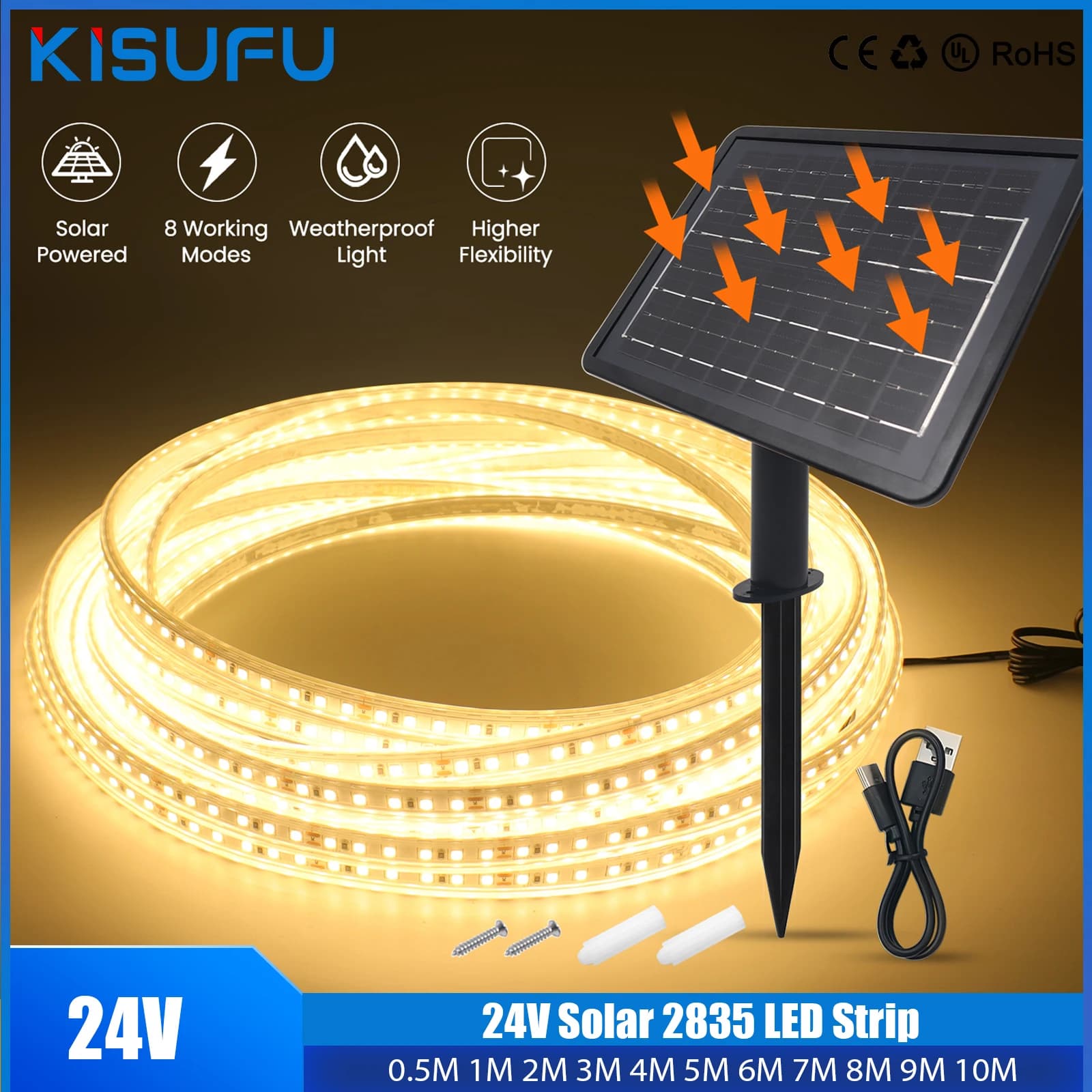 24V Solar LED Strip 2835 Dimmable Outdoor IP67 Waterproof Flexible Light Strip RA90 Linear Lighting for Garden Home Decor 1-20M