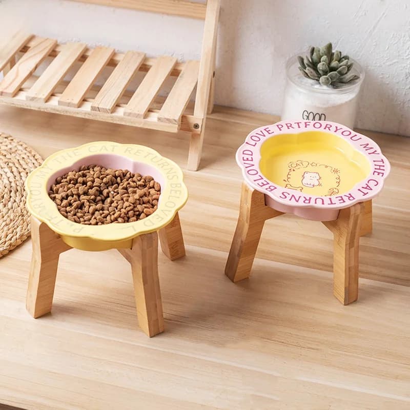 Ciotola in Ceramica per Animali Domestici con Supporto in Legno, Ciotola Rialzata per Cani, Protezione Collo, Anti-Ribaltamento, Mangiatoia in Ceramica per Animali