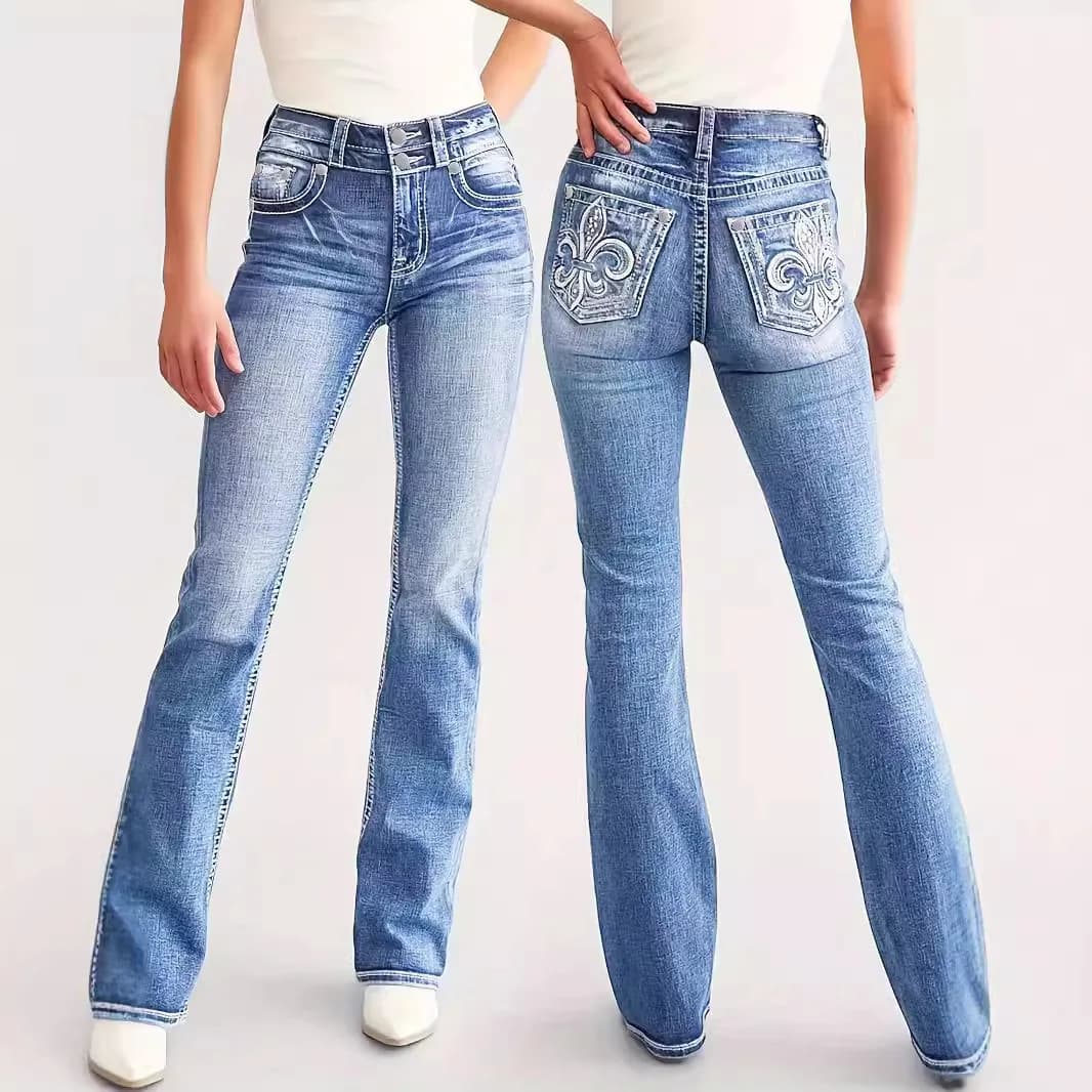 Jeans dritti da donna Jeans a figura intera a vita alta Tasche larghe vintage con ricamo Pantaloni lavati effetto consumato Cerniera