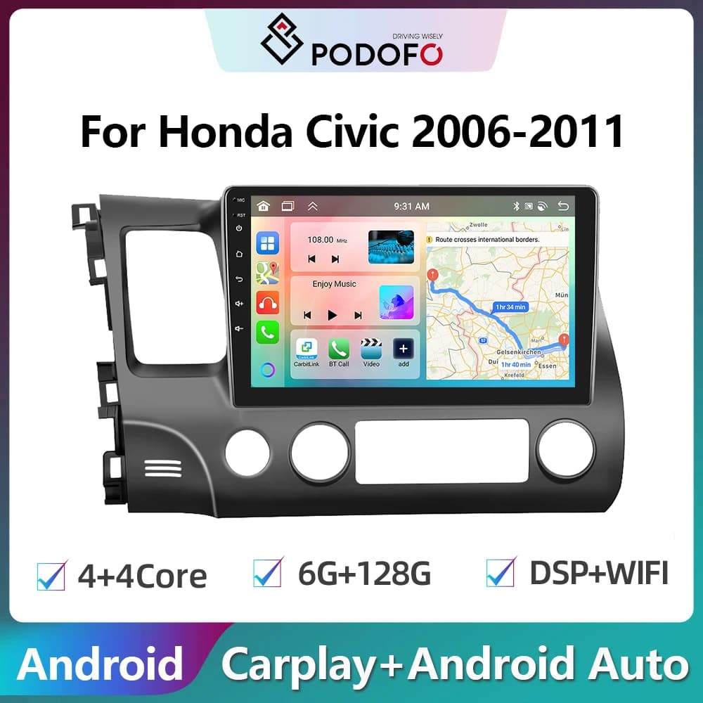 Podofo 2din Android Autoradio Per Honda Civic 2006-2011 6G + 128G Carplay Lettore Stereo Autoradio WIFI Navigazione GPS FM/RDS