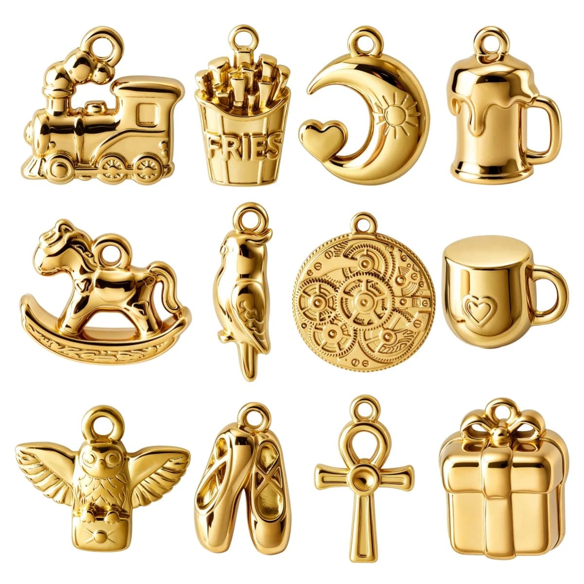 7Pcs 316 Stainless Steel Gold Plated Charm Pendant Ankh Cross Ballet Shoes Beer Mug Moon Gift Box 3D Pendants DIY Jewelry Making