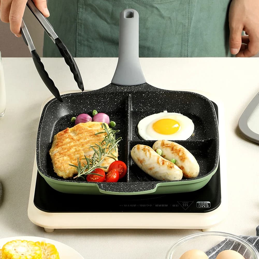 COOKER KING Padella per Uova Fritte con Scomparti, Padella 3 in 1 per Colazione, Multifunzionale Antiaderente per Barbecue e Pancake