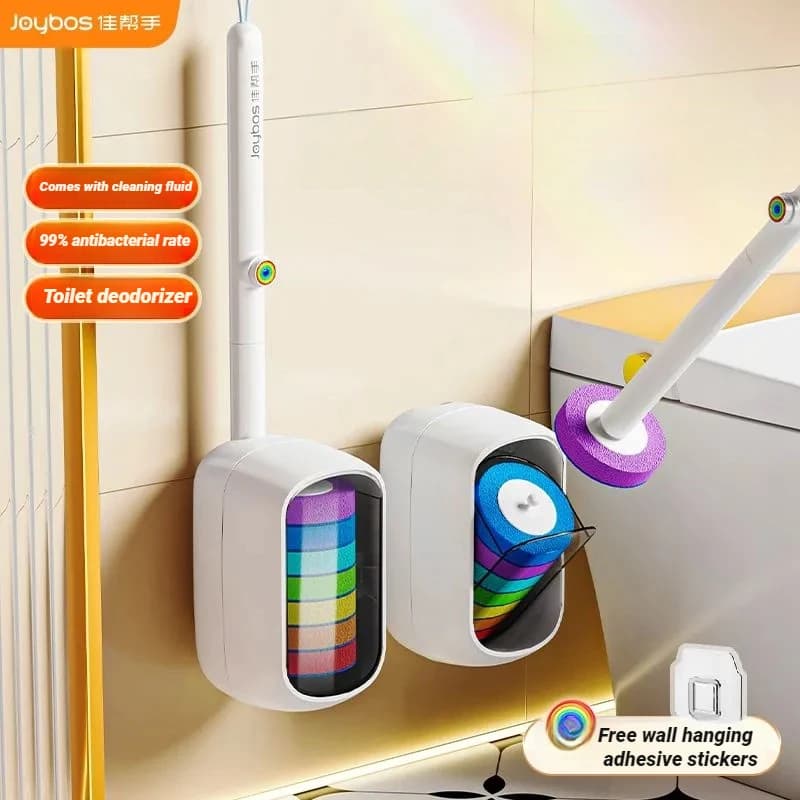 JOYBOS Hands-Free Disposable Toilet Brush Holder Set One-Touch Wall Mounted With Wand Refills Bathroom Toilet Cleaner Brushes