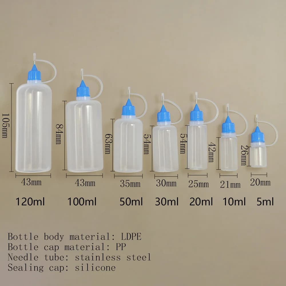 Set da 5 flaconi contagocce ricaricabili in PE da 5/10/20/30/50/100/120 ml con punta applicatrice e tappi a punta ago per olio