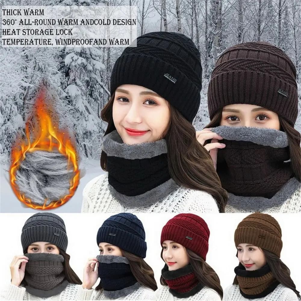 Men Women Soft Thermal Knitted Hat Neck Scarf Cap Balaclava Beanie Hat Scarf
