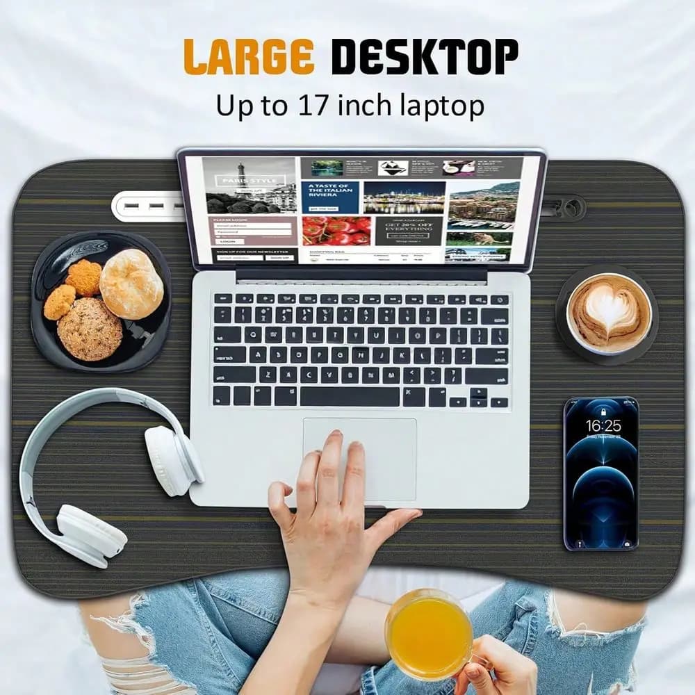 Tavolino da letto, supporto per laptop con portabicchieri e slot per tablet, maniglia di sollevamento per lavorare, scrivere, disegnare, mangiare