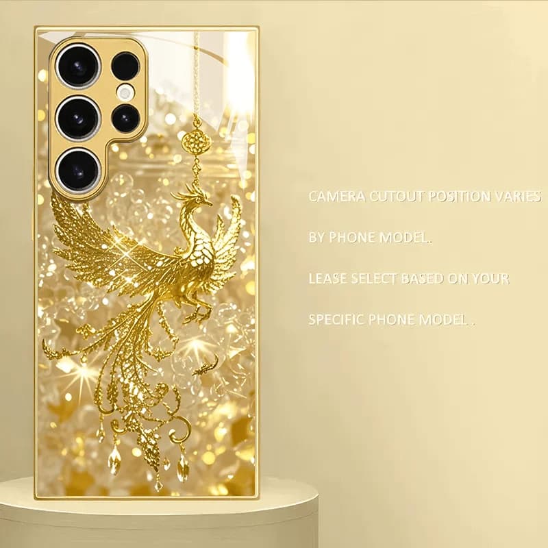 Golden Phoenix Glass Phone Case Suitable for Samsung Galaxy S26 S25 S24 S23 S22 S20 FE/Ultra/Plus Anti Drop
