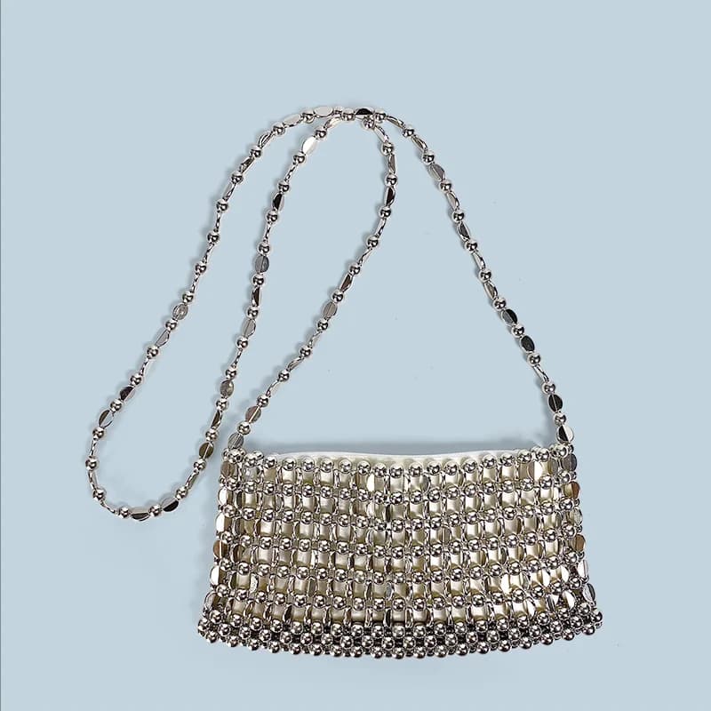 2024 new shiny retro sequin bag, hand woven silver bead bag, mobile phone bag, crossbody bag