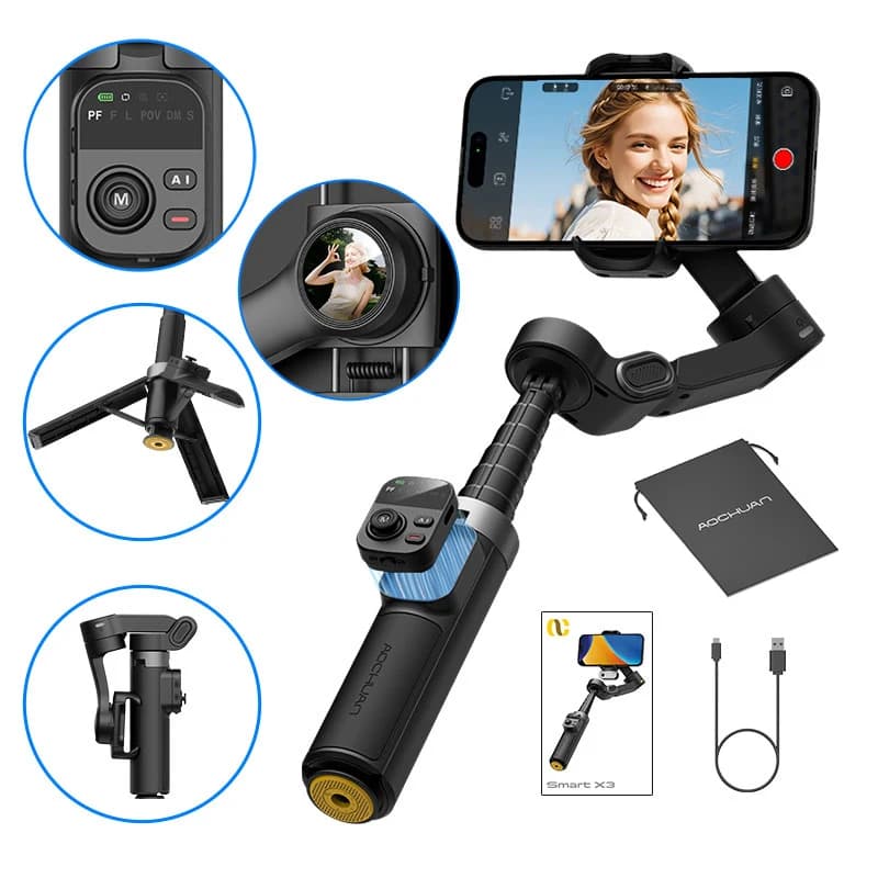 AOCHUAN Smart X3 360° Pan Rotation Gimbal Stabilizer For iPhone And Android Smartphone 3-Axis Stabilizer w/Built-in Extension Rod & One-Touch Open Tripod, Foldable Phone Gimbal for Vlogging, Travel