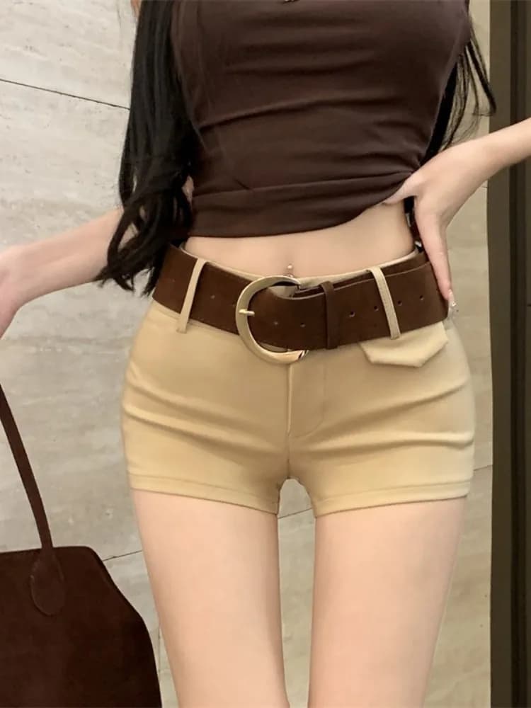 Pantaloncini casual kaki con cintura a vita alta, a gamba dritta, estivi, modellanti, per donna