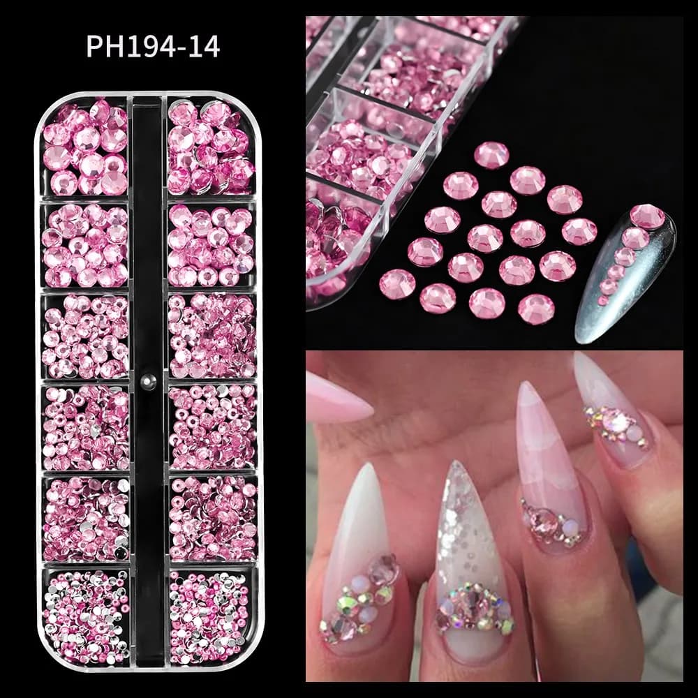 1 scatola (12 griglie) cristallo di vetro rosa AB strass pietra stampa sulle unghie SS6-SS30 misto flatback 3D strass diamante decorazione per unghie artistiche