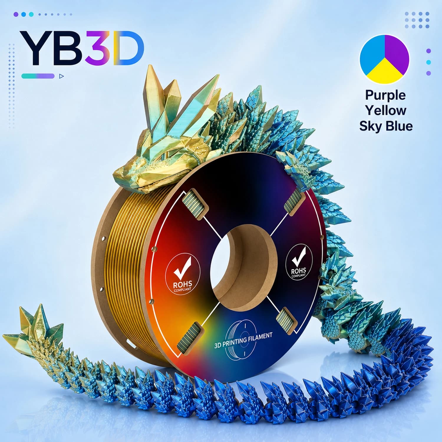 PLA 3D Printer Filament Tricolor Silk 1.75mm Multicolor Color Purple Blue Yellow Printing Filament for FDM 3D Printer 200g