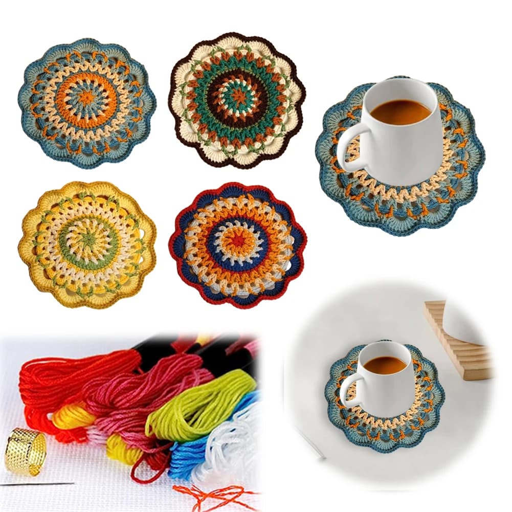 Set di Sottobicchieri Mandala Colorati all'Uncinetto, Kit Fai-da-Te con Uncinetto e Modello Mandala, Sottobicchieri in Ceramica