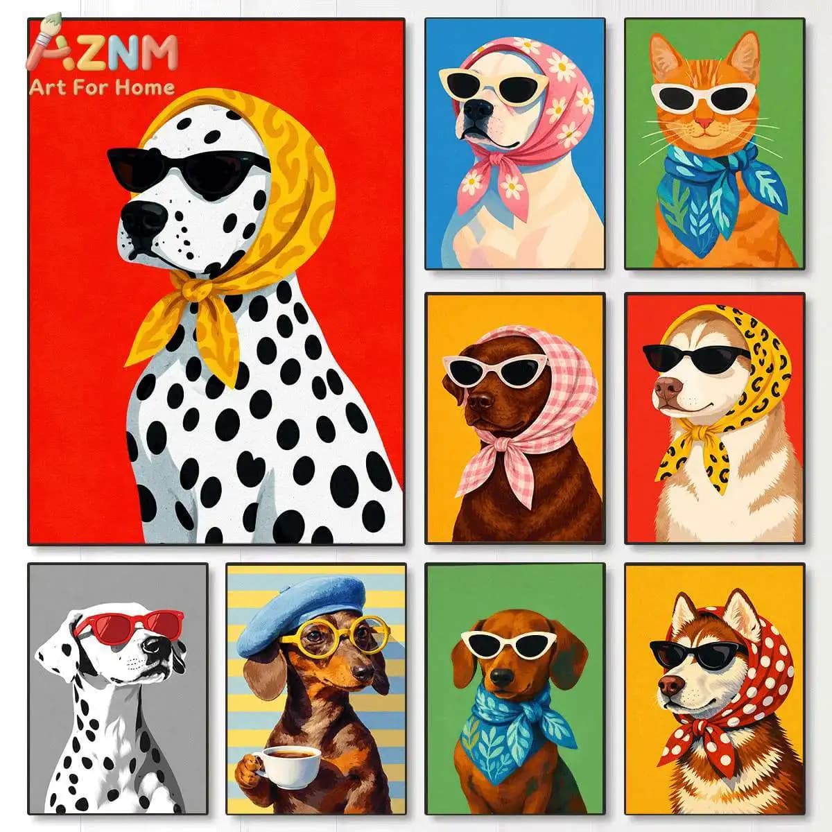 AZNM Cute Fashion Pet Canvas Wall Art Cool Dog Cat With Sunglasses Bandana Colorful Pop Art Print Unframed Canvas Funny Animal H