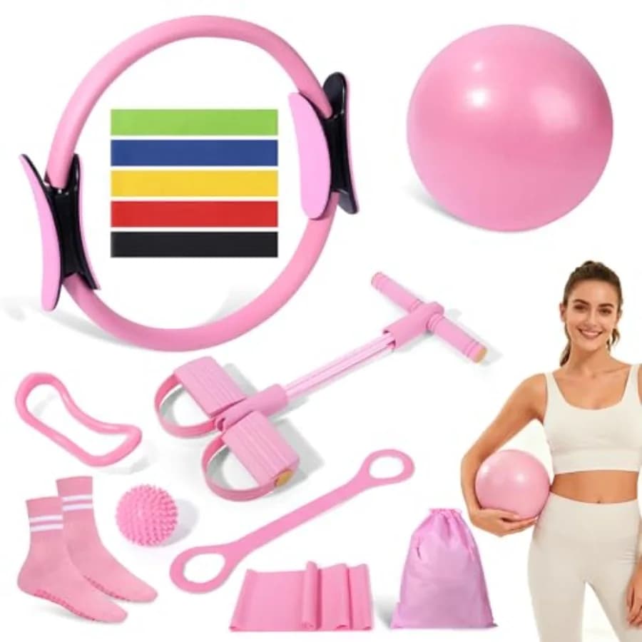 Kit Pilates 14 Pezzi, Set Essenziale per Donne, Attrezzatura per Pilates Domestico con Cerchio Yoga, Palla, Anello e 5 Fasce di Resistenza