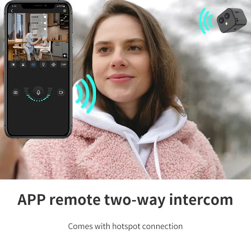 Telecamera di Rete Wireless D3 Mini con Interfono Bidirezionale e Monitoraggio Remoto, Videocamera HD 4K WiFi a Doppia Lente per Sicurezza Domestica