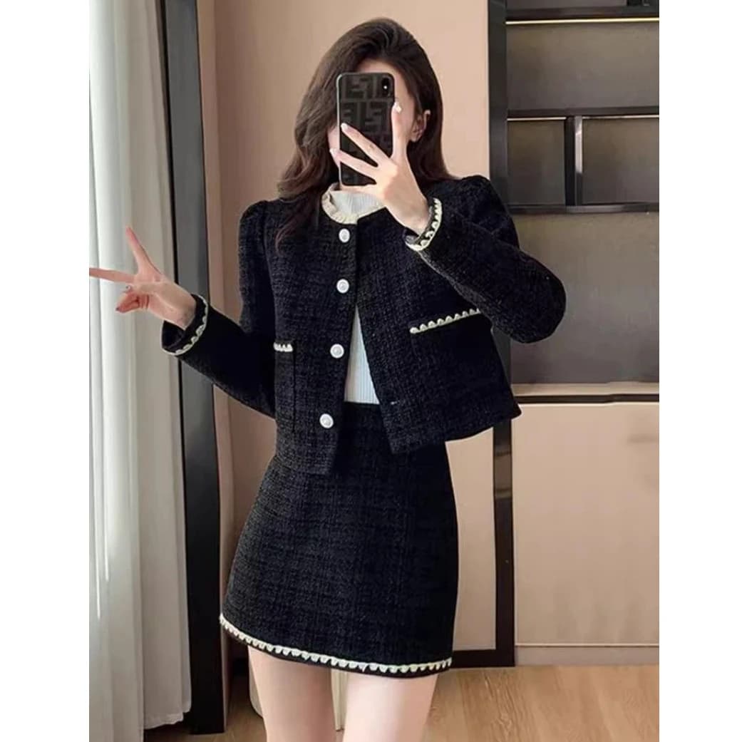 Set in Tweed Intrecciato da Donna, Primavera-Autunno 2026, Nuova Giacca Vintage Elegante e Gonna, Completo Due Pezzi