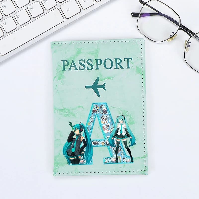 Hatsune Mikus Passport Cover Girls Cute Letter A-Z Protective Case Kids Air Ticket ID Card Holder Wallet Travel Accessories Gift