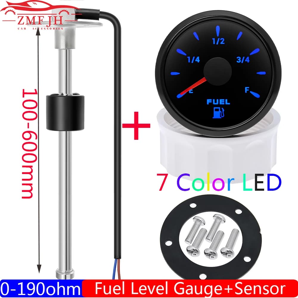 Misuratore di livello del serbatoio del carburante per auto per barche marine da 2 '' 52mm Sensore galleggiante del carburante 0-190Ω + Indicatore di livello del carburante 7 colori di luce personalizzata