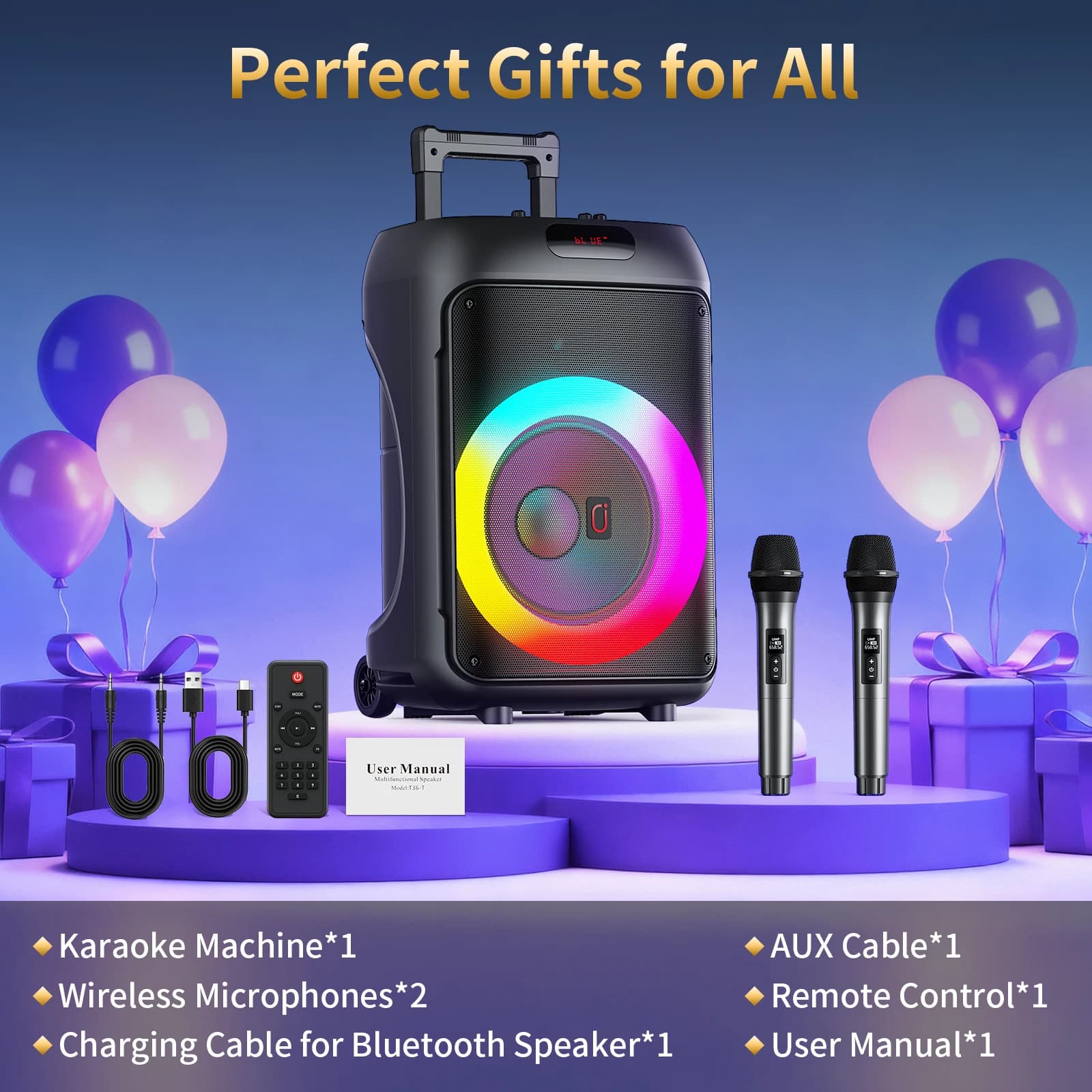 Macchina per karaoke T36, altoparlante per bassi da 6,5 pollici Altoparlante per karaoke Bluetooth di grandi dimensioni con 2 microfoni wireless, supporta il taglio vocale