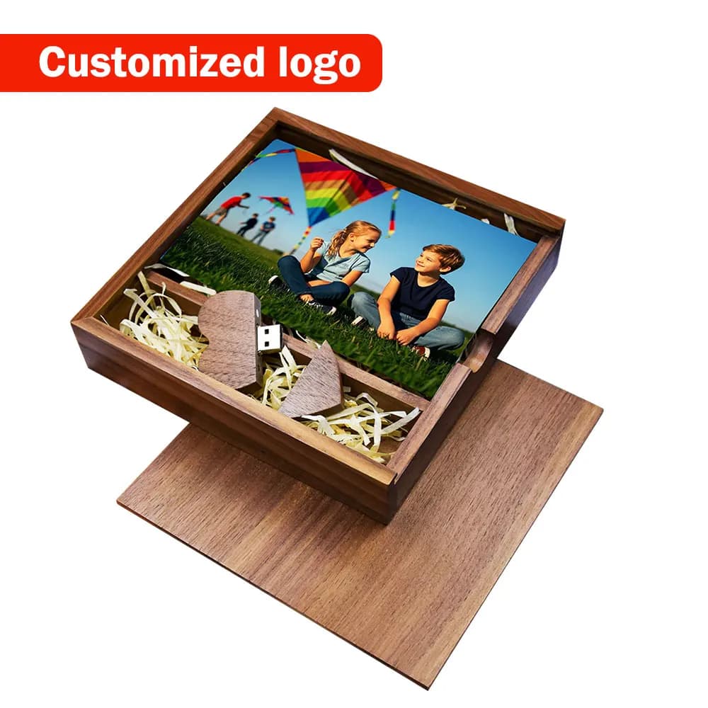 Album fotografico in noce con logo personalizzato gratuito + scatola USB, chiavetta USB, pendrive 8GB 16GB 32GB 64GB, regalo di nozze
