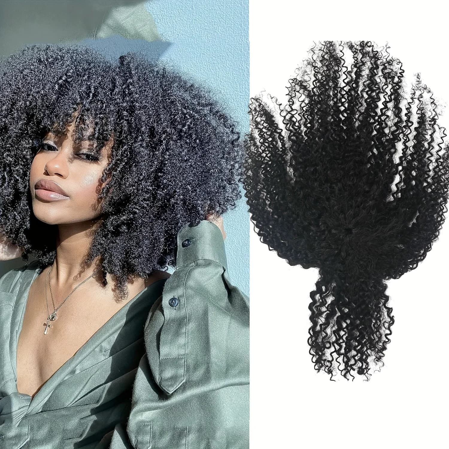 Hair clip with fringe-Topper Hair clip with fringe with thin styles, curly hair extensions 100% human hair # 1B