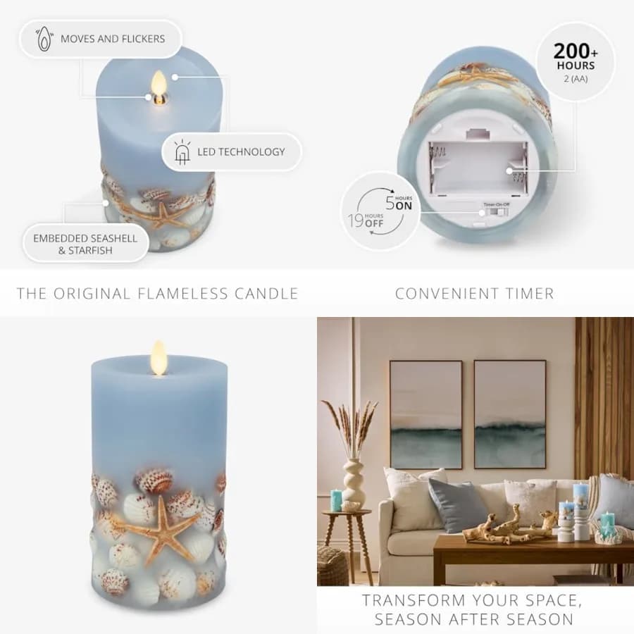 Candela LED Senza Fiamma con Conchiglie e Stelle Marine Integrate, Fiamma Mobile, Senza Profumo, in Vera Cera con Bordo Incassato