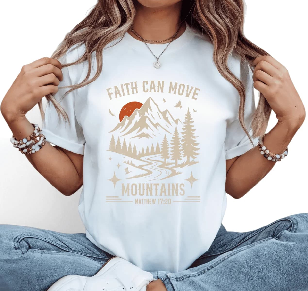 Women softness Faith Can Move Mountains Graphic Tee Christian Religious T Shirt Top Landscape Print Short Sleeve White S-5XL