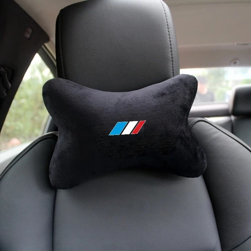 Blue, white, and red three-color bone-shaped car neck pillow Soft plush car headrest cushion Adjustable straps with zipper, remo