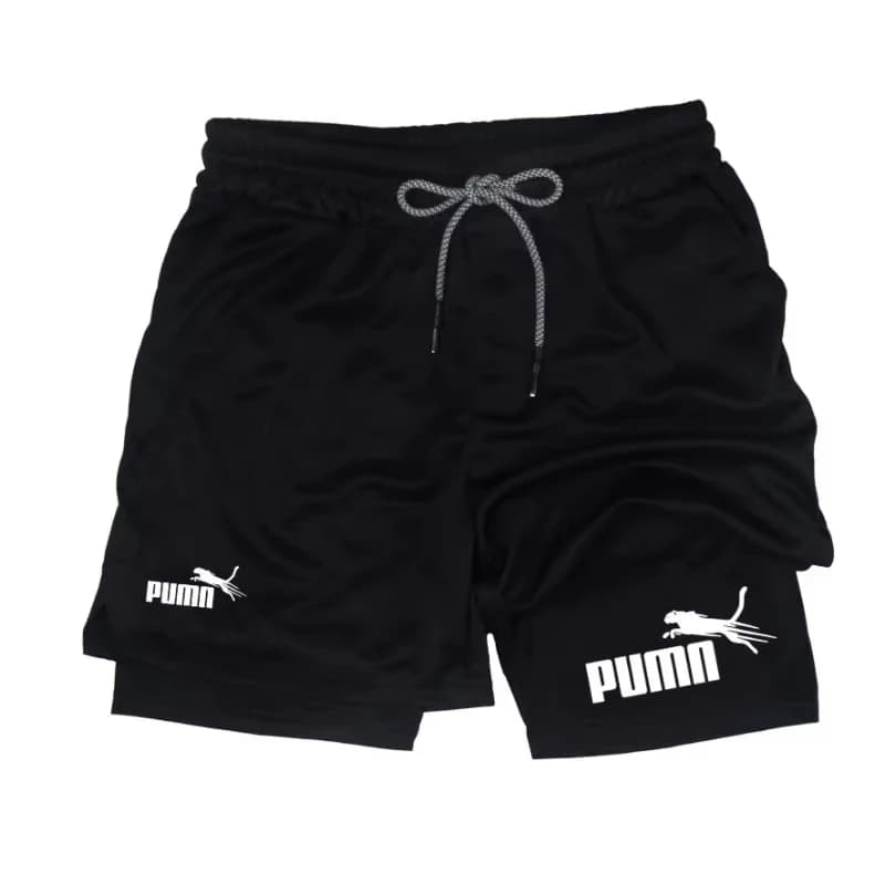 Men's summer breathable 2-in-1 double-layer compression shorts with quick drying phone bag and towel ring for outdoor fitness