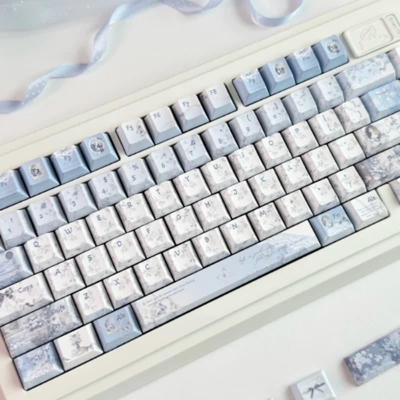 Misty Blue Flower Paper Keycaps Set Custom PBT Sublimation New Cherry Profile Keyboard Caps for Mechanical Keyboard Accessories