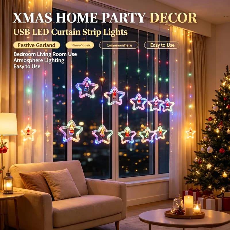 Christmas Star Curtain Lights, Multicolor USB LED Fairy Garland with Hanging Festive Pendants for Window Bedroom Party Decor