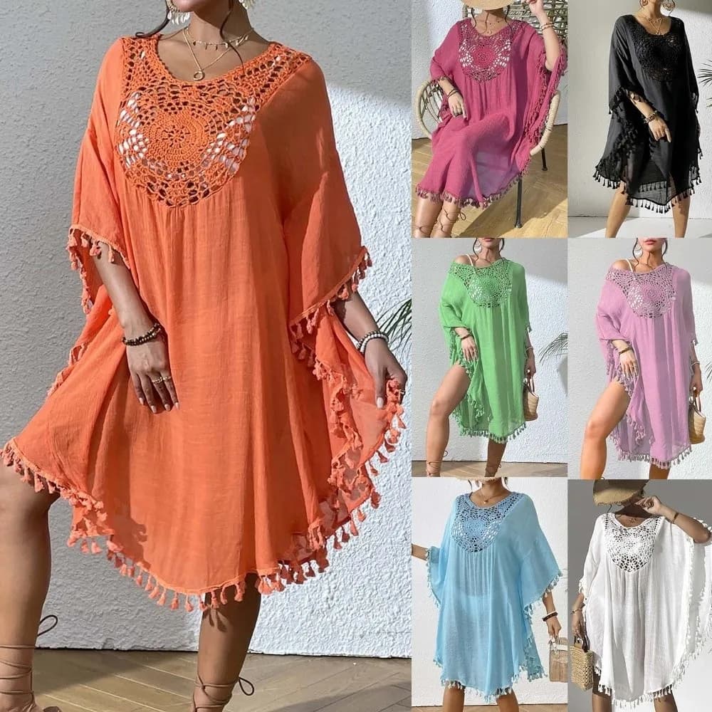 Copricostume da donna estivo con scollo quadrato, traforato, ampio, per protezione solare, per vacanze e bikini