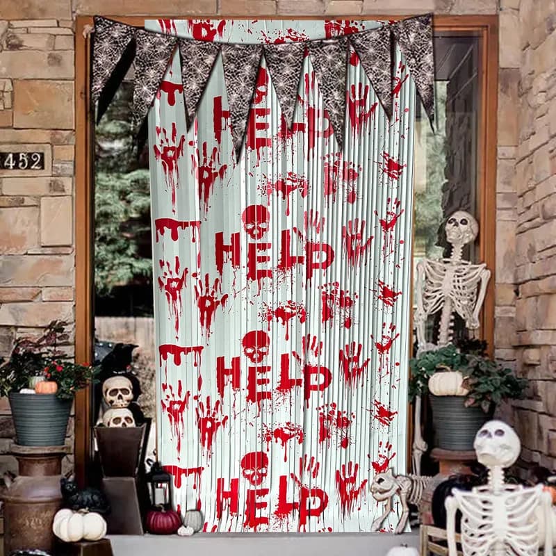 Halloween Bloody Handprint Rain Curtain 1x2m Scary Party Decor Tassel Door Drape for Haunted House Background Wall