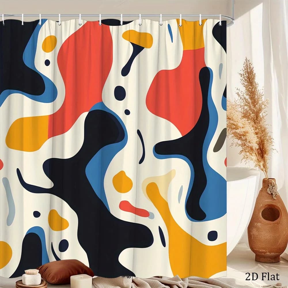 Tenda da doccia con arte astratta, 1 pezzo, forme fluide rosse, blu e arancioni su sfondo crema, design moderno e vibrante per l'arredamento artistico del bagno