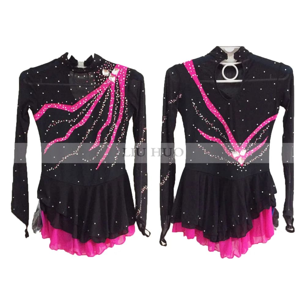 LIUHUO Donna Ragazza Pattinaggio di Figura sul Ghiaccio Vestito Prestazioni Ginnastica Ritmica Concorso Body Costume Adolescenti Roller Dance Nero