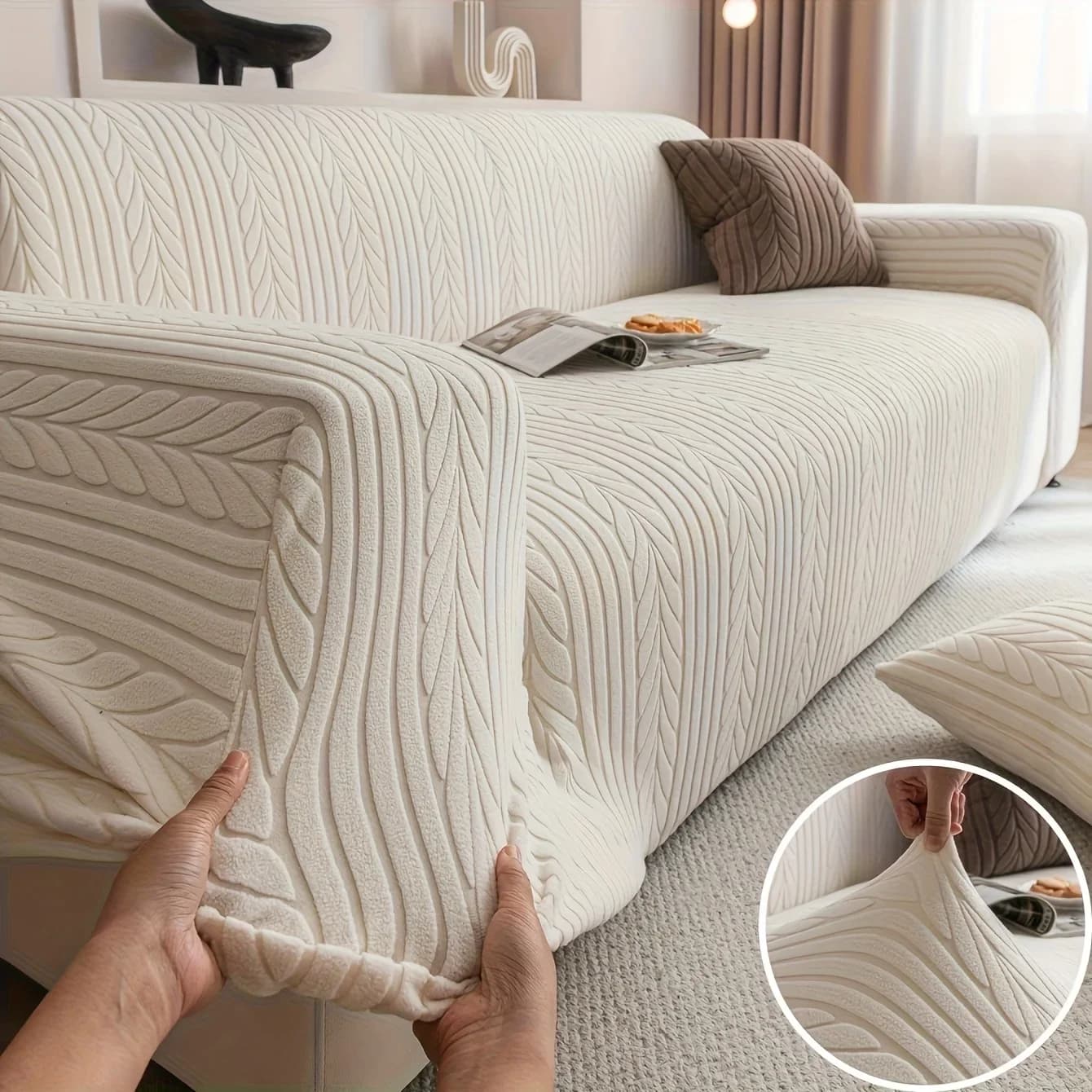 Copridivano a righe us1, lavabile, elasticizzato, antigraffio e antiscivolo. Adatto per 1-4 posti, tessuto bianco testurizzato a zig-zag. Ottimo per decorazioni, protezione dei mobili, design classico e durevole