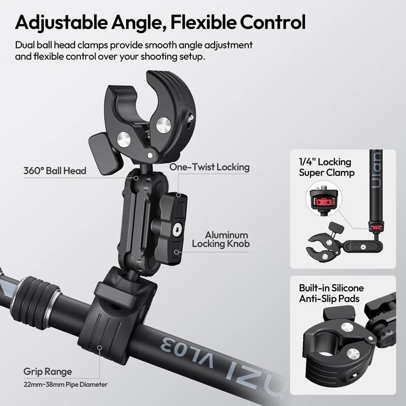 Ulanzi VL03 Support for selfie stick invisible for motorcycle Outdoor travel Direct impact Vlog Shots 360 ° Adjustable for action cam