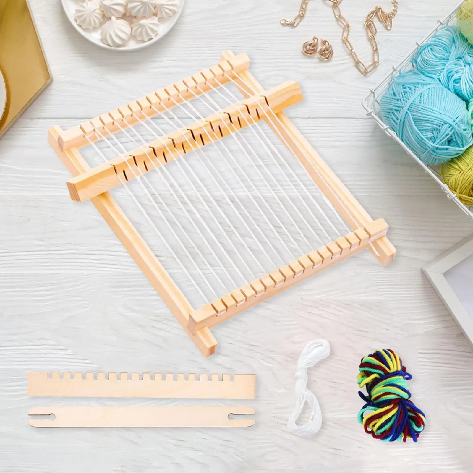 Telaio per tessitura in legno con filati, macchina per tessitura portatile fatta a mano, telaio per tappezzeria fai da te per realizzare sciarpe, cappelli e coperte.