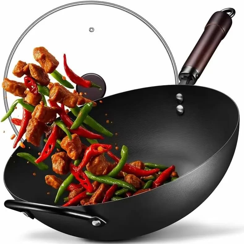 Wok in Acciaio al Carbonio da 13 Pollici con Coperchio, Padella Antiaderente Pretrattata per Tutti i Piani Cottura