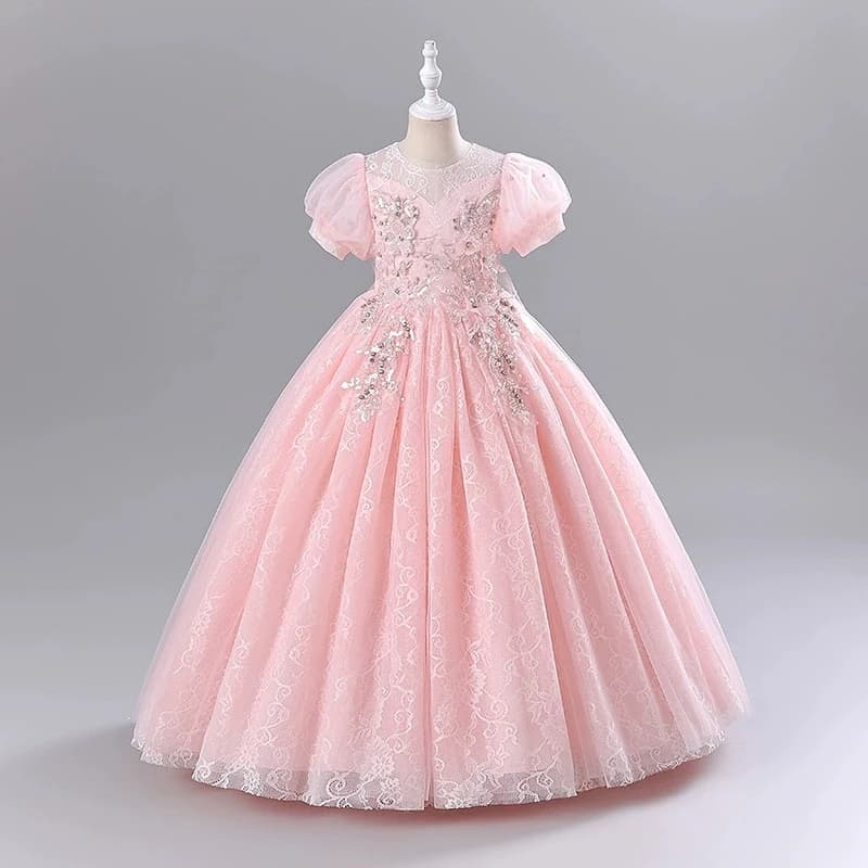 Fashion Flower Girl Dresses for Weddings Mesh Lace Short Sleeve Girls Sequin Dress Summer Children Evening Dresses 3-13 Years