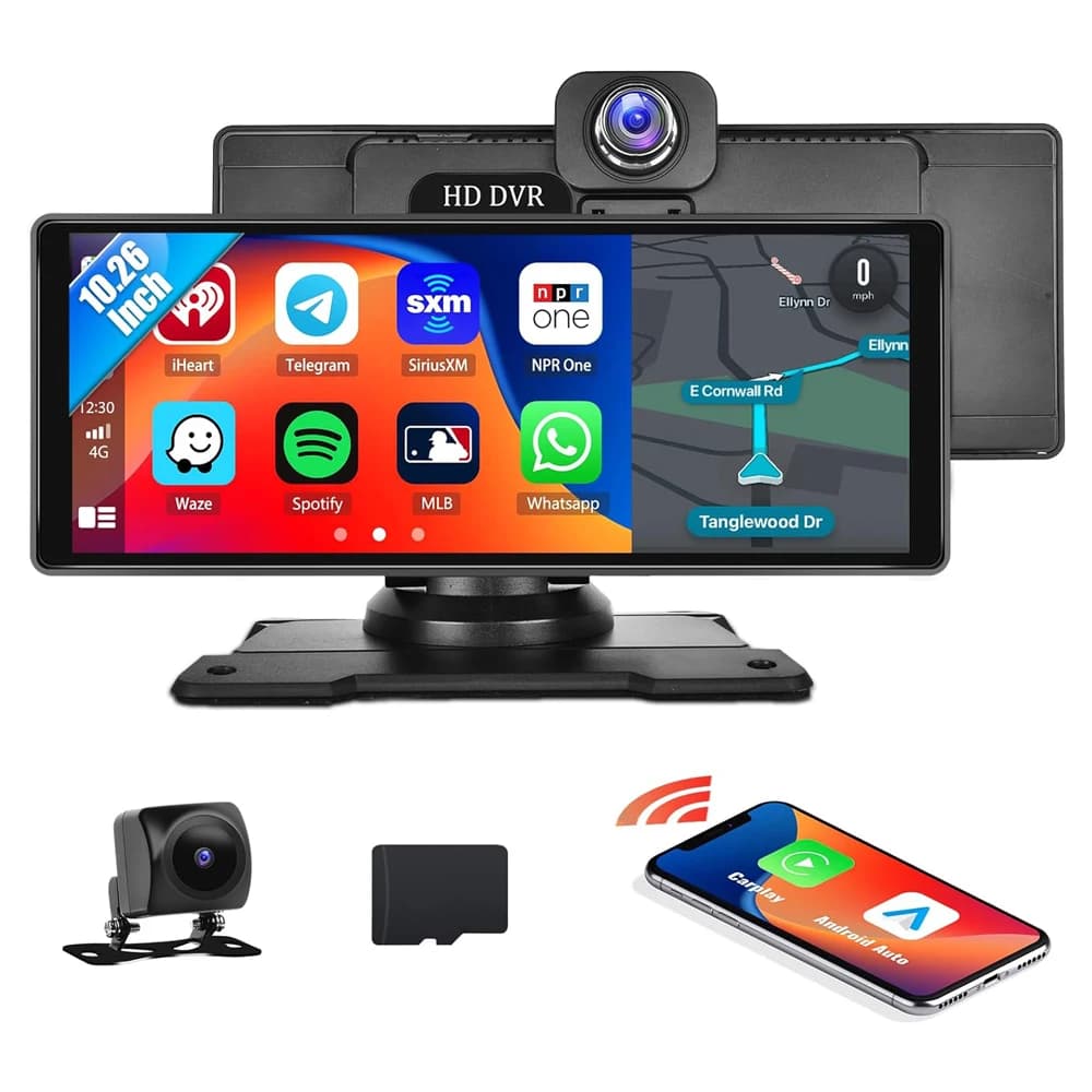 Dash Cam 4K con Schermo Touch da 10,26 Pollici, GPS, ADAS, Carplay Wireless e Android Auto, Lettore Multimediale per Auto