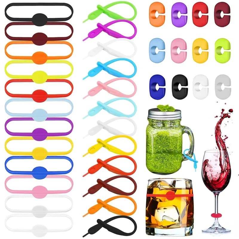 36 pezzi riutilizzabili in silicone per bicchieri da vino, marcatori per bevande, strisce per bottiglie, etichette identificative in vetro per bar, feste, cocktail, champagne