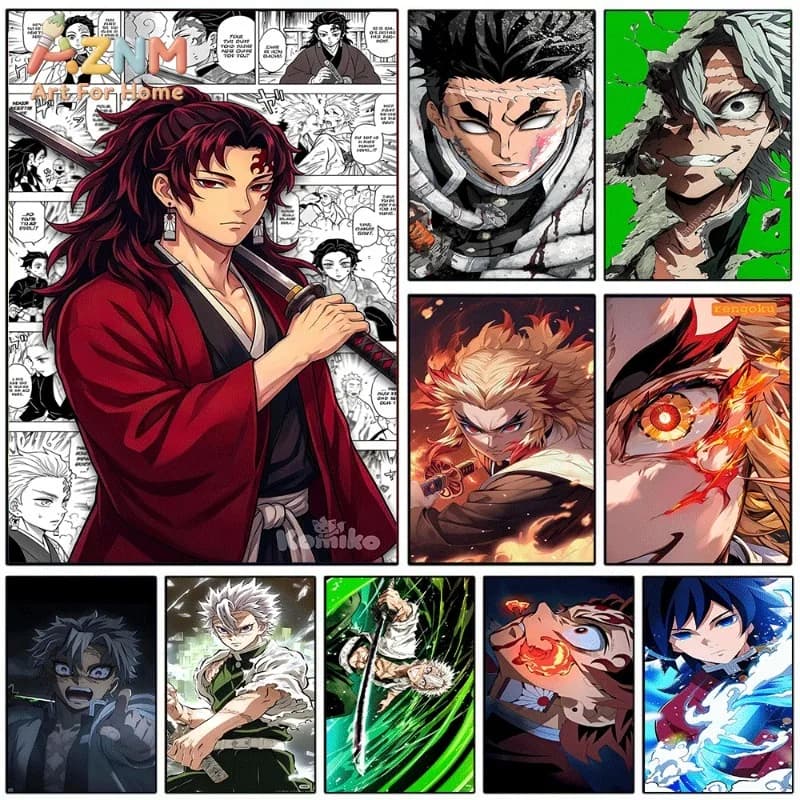 Demon Slayer Anime Canvas Wall Art Yoriichi Gyomei Sanemi Rengoku Poster Unframed Canvas Painting Manga Background Home Room Wal