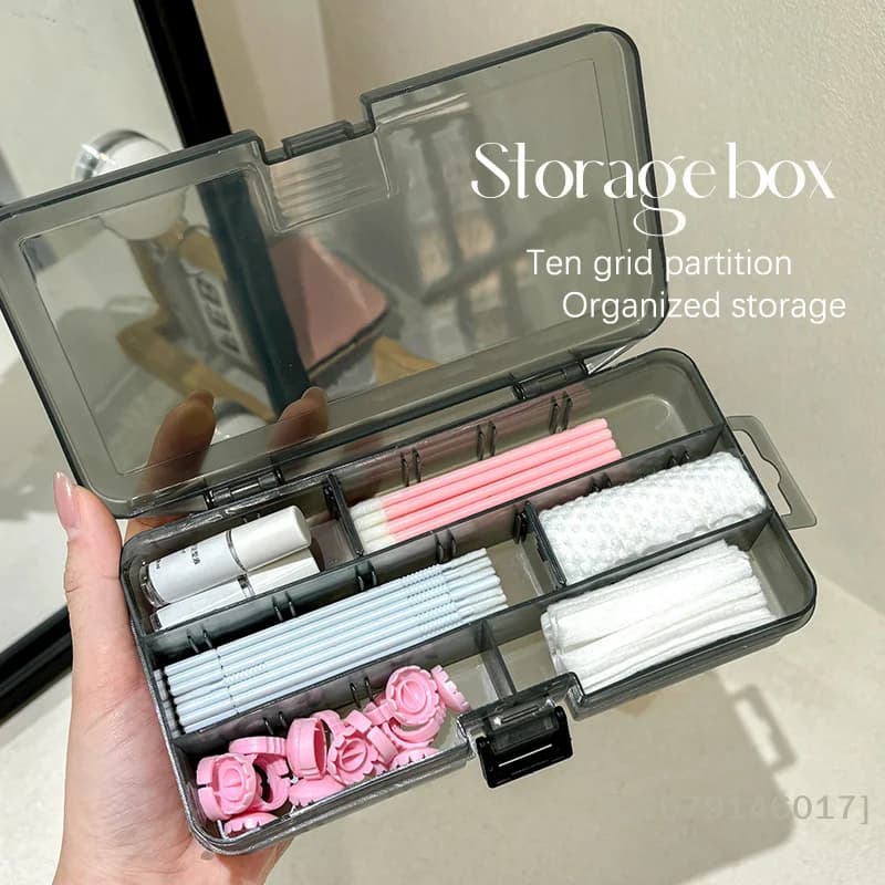 aYY26 a Vertical rectangular transparent box with 10 compartment cover for extension eyelashes, glue and tweezers - Organizer makeup