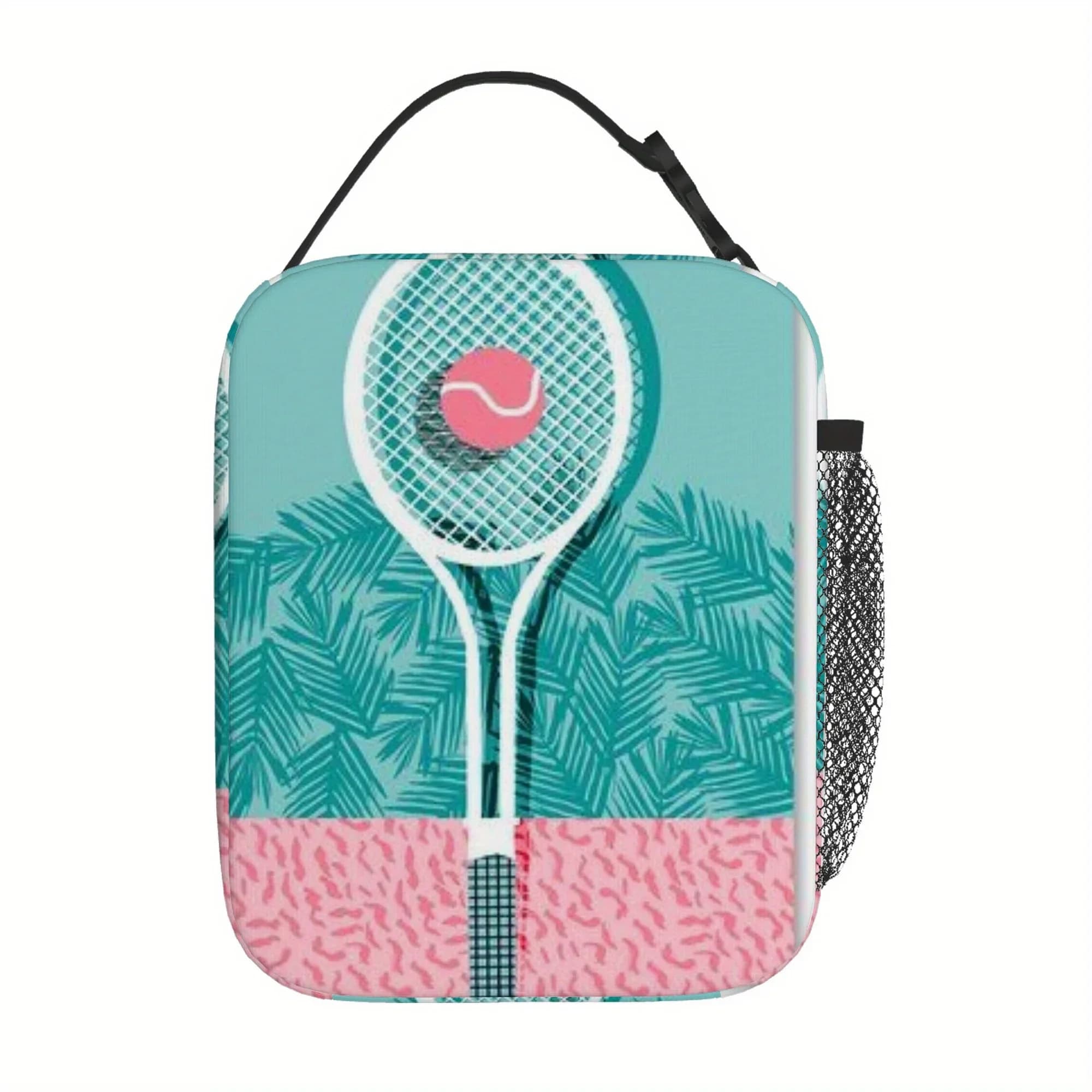 1pc, Tennis Racket and Ball Illustration Printed Thermal Bag Insulation Lunch Box for Home/Restaurant/Office Use - Unisex Portab