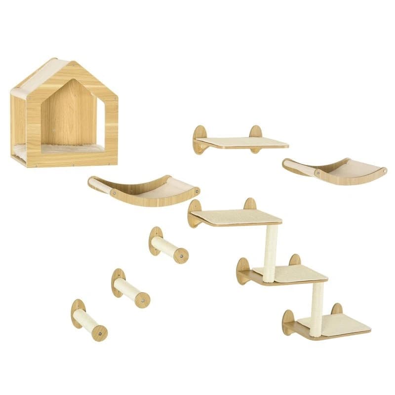 8 Piece Cat Shelves Set, with Cat House, Three Perches, Three Scratching Posts