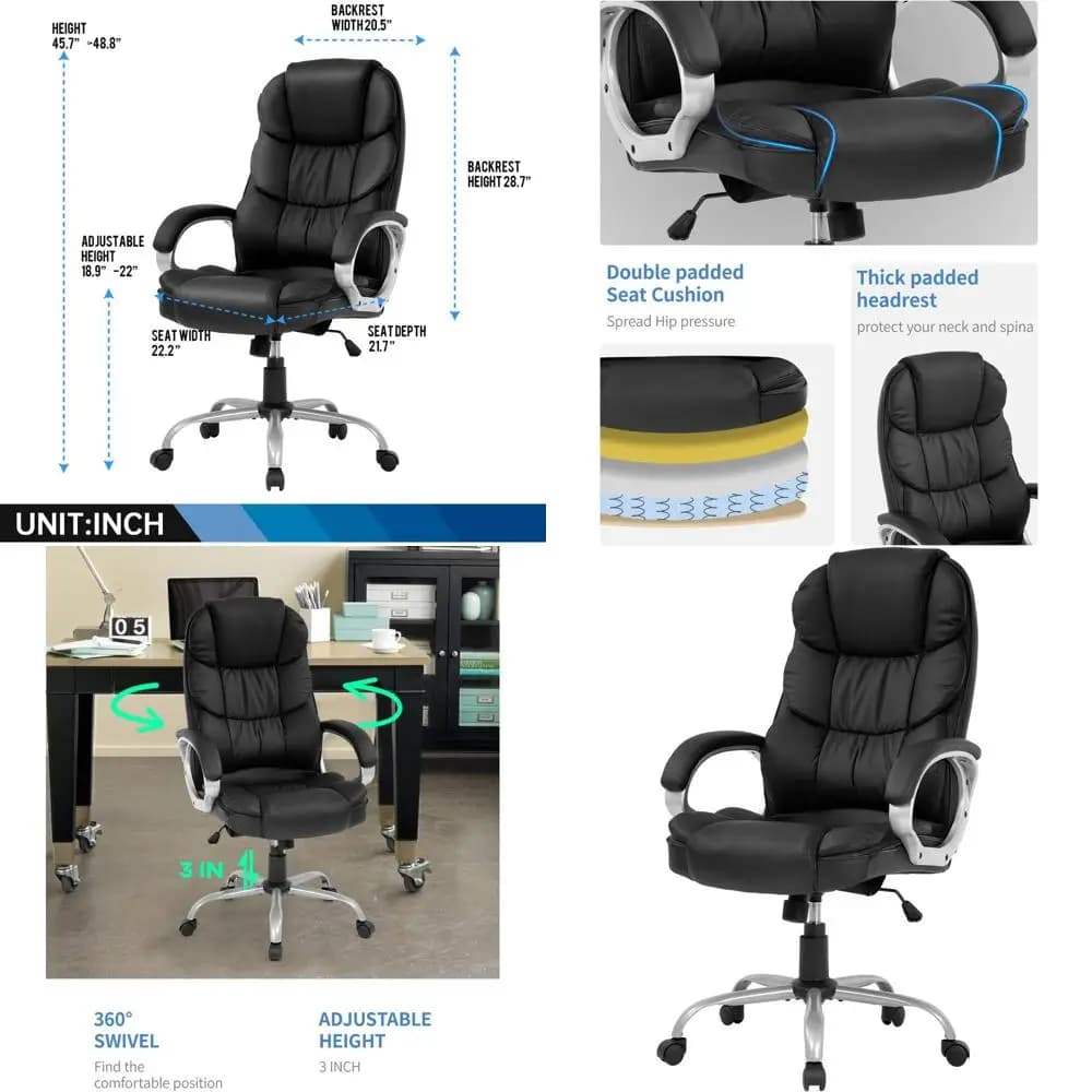 Sedia Girevole Ergonomica in Pelle PU con Schienale Alto, Braccioli Regolabili e Supporto Lombare - Nera