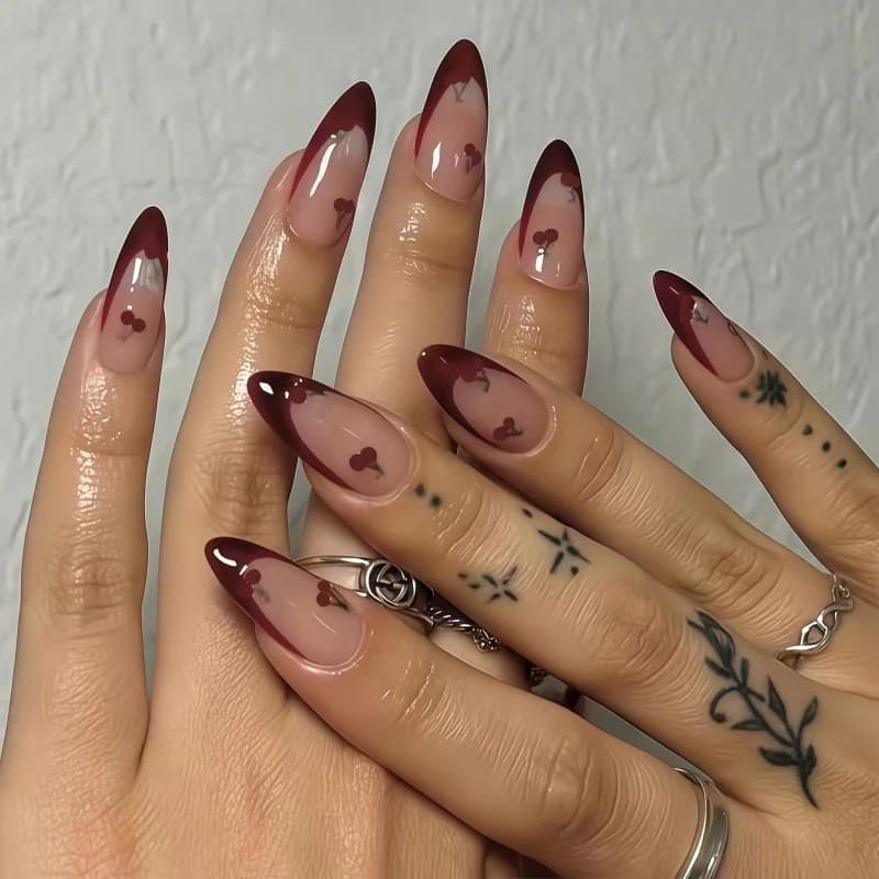 2026 New 24PCS of complete nail sets, featuring red cherry patterns. Simple nail stickers for elegant manicure.